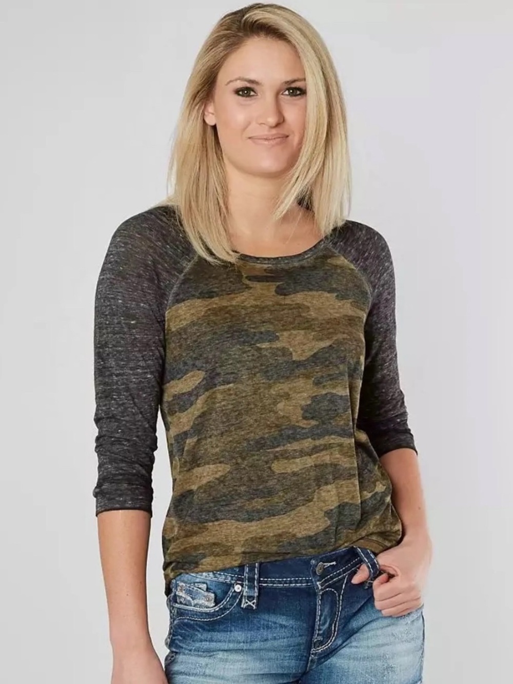Lucky Brand Camo Raglan Sleeve Women's Top - Olive/Gray